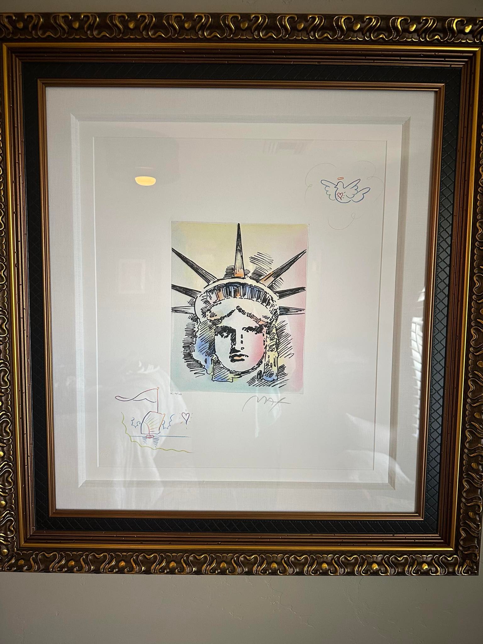 Peter Max Liberty Head II (Sailboat/Dove): Peter Max "Liberty Head II (Sailboat/Dove)" 2017 11 1/8 x 8 7/8" image size Etching with hand-coloring and unique, hand-drawn colored pencil remarques of a Sailboat in the lower left corner and Dove