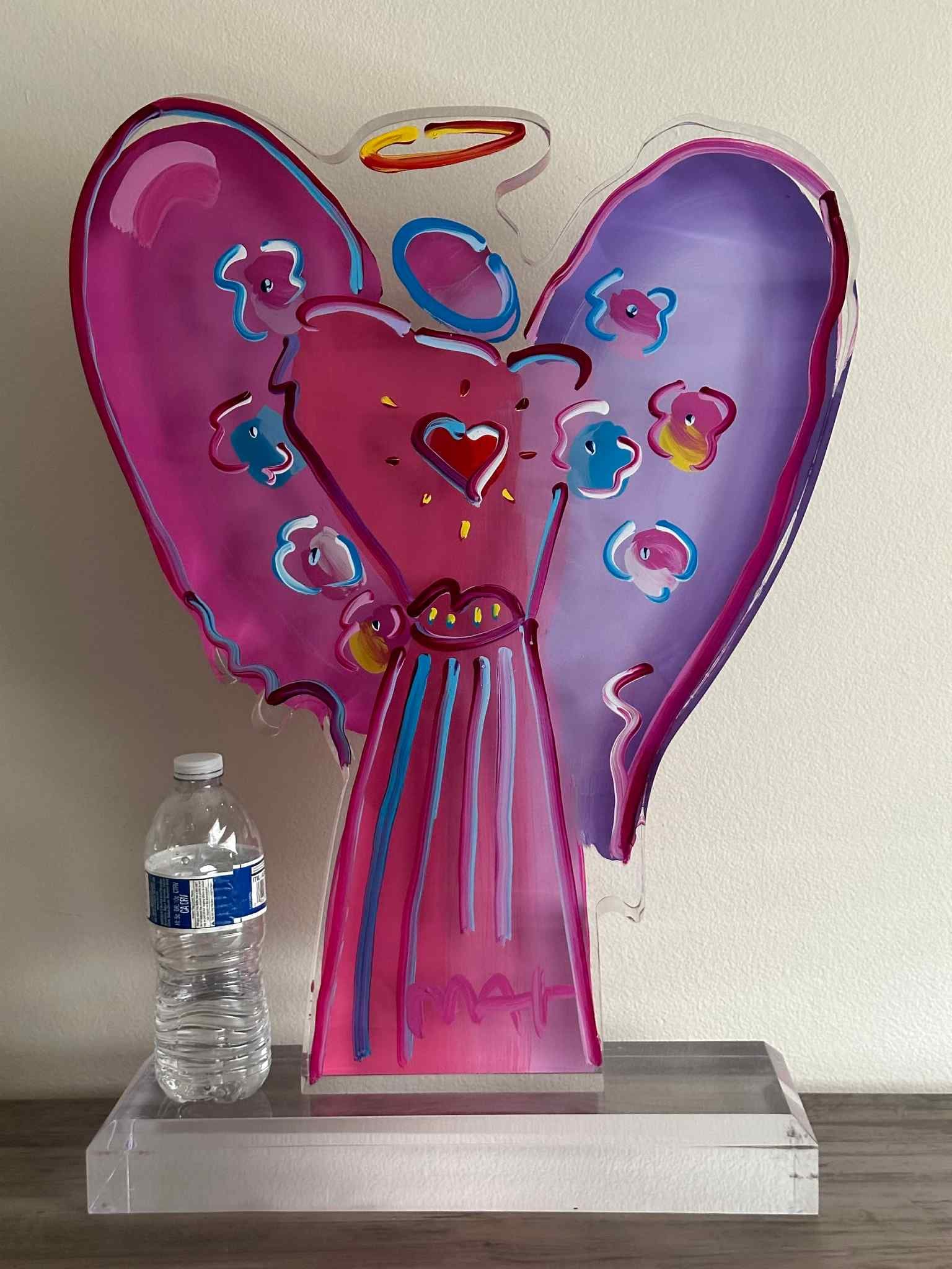 Peter Max Angel with Heart Veri 1 num 195 Unique: Peter Max "Angel with Heart Veri 1 #195" 2018 22 1/4" x 17" Hand painted acrylic sculpture. Hand-signed in pigment lower center by the artist. A Unique work. COA, Appraisal