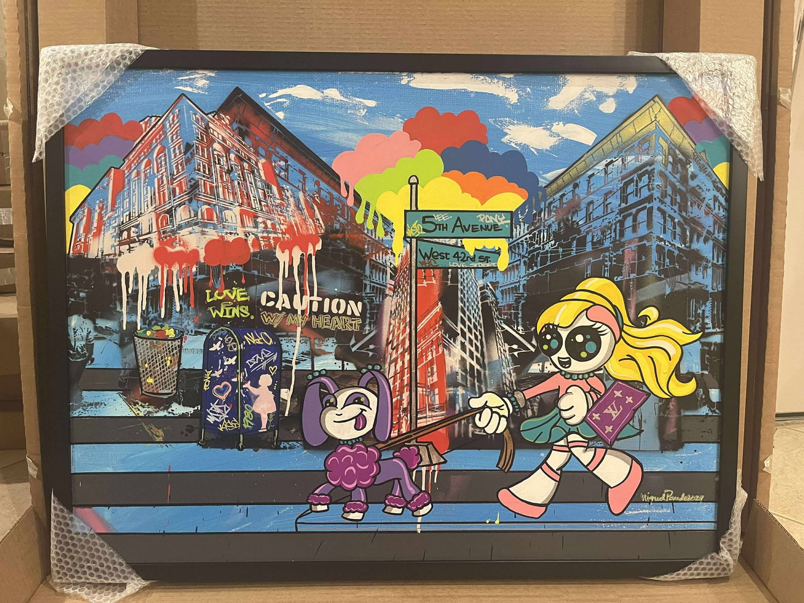 Migual Paredes 5th Avenue: Paradise Miguel "5th Avenue" 2024 30" x 40" image size Mixed media painting on canvas. Hand-signed in pigment by the artist Lower right. A Unique work. Gallery framed, COA, Appraisal