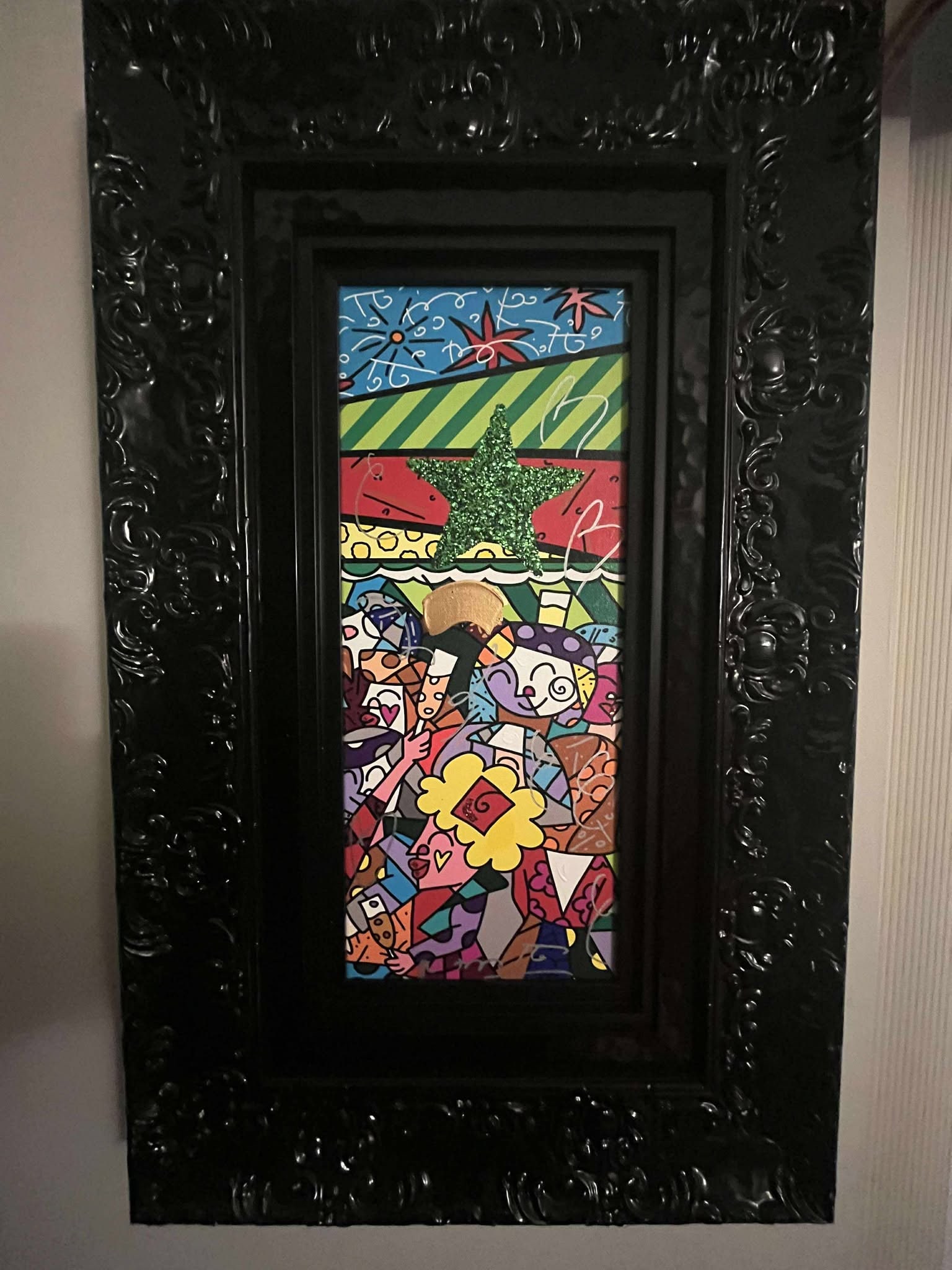 Romero Britto Party Time Unique: Romero Britto "Party Time" 2018 20" x 8 1/4" image size Mixed media with acrylic painting, diamond dust and oil pen drawing on canvas. Hand-signed in pigment lower center by the artist. Signed and dat