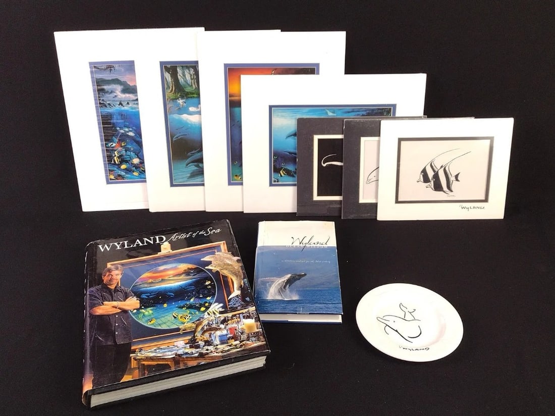 8 Pieces from Robert Wyland: Robert Wyland 8 Piece set. Set includes 6 prints 1 books and a plate. Prints are 2 at 8"x10" and 4 at about 14" x 14" including matboard. Books is autographed. Only larger book is included