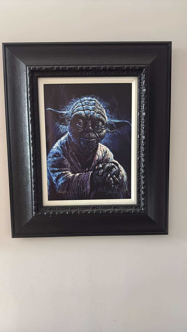 Rodel Gonzalez Yoda: Rodel Gonzalez "Yoda" 2022 16" x 12" image size Giclee in color on canvas. Hand-signed in pigment lower left by the artist. Gallery framed, CAO, appraisal. JR