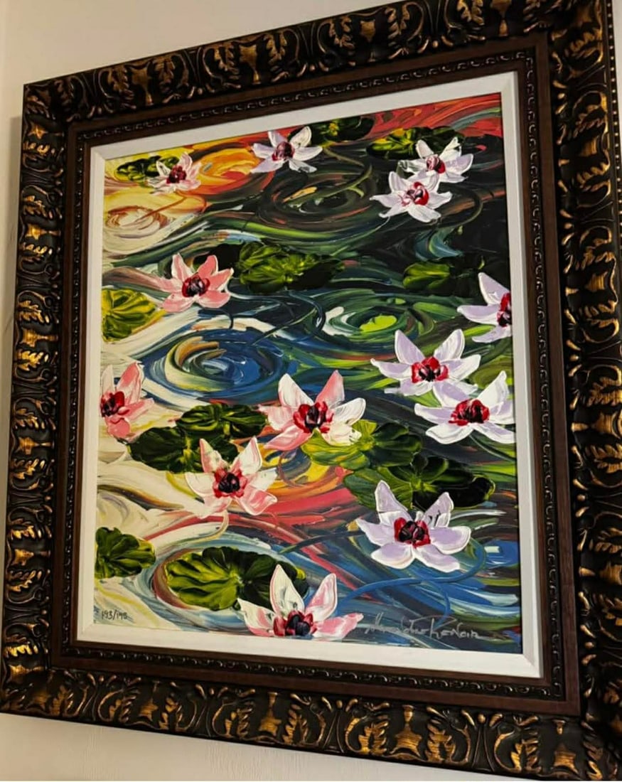 Alezandre Renoir Lillies in a Pond: Alexamder Renoir, "Lilies in a Pond" 24 1/8" x 20" image size. Giclee in color with hand embellishment on canvas. Hand signed in pigent lower right by artist and annotated lower left. Gallery Framed,