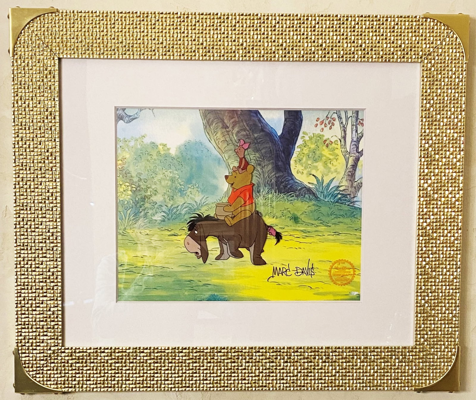 Winnie the Pooh signed by Marc Davis: Disney Sericel Marc Davis "Winnie the Pooh" Gold seal Sericel signed by Marc Davis framed 21" x 21". Includes book Marc Davis Walt Disney's Renaissance Man. Proceeds go to non profit. NSC