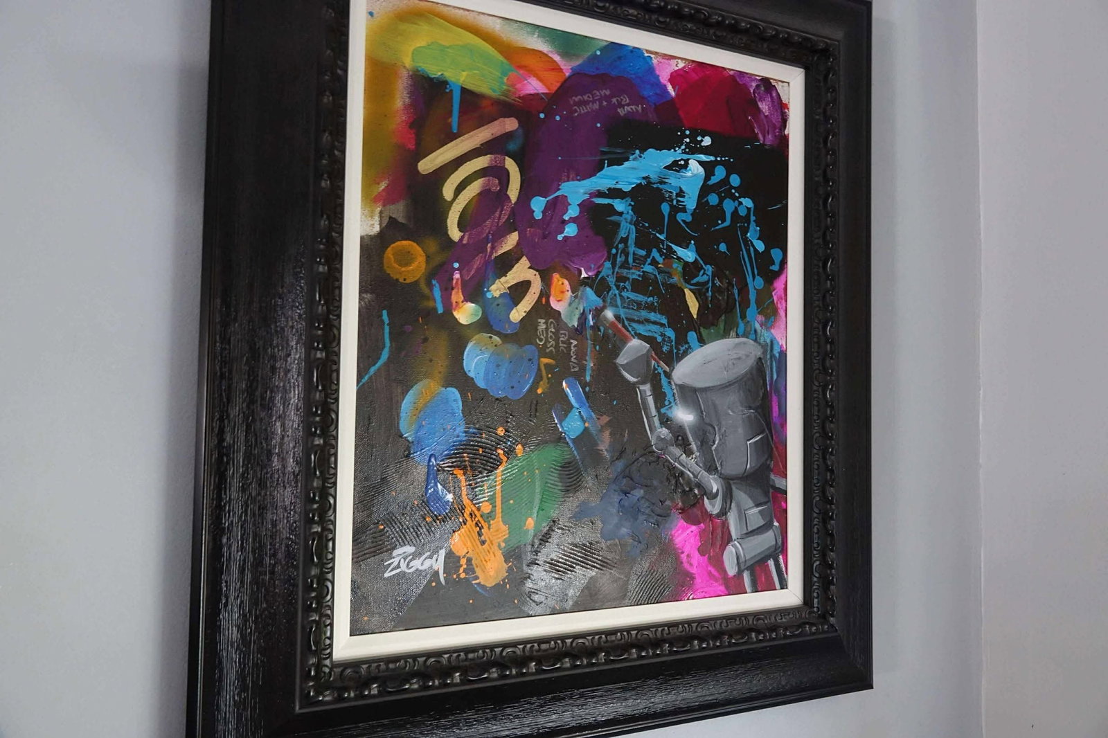 Ziggy Going Abstract: Ziggy "Going Abstract" 2023 33" x 20" framed acrylic painting. NO PAPERWORK DT