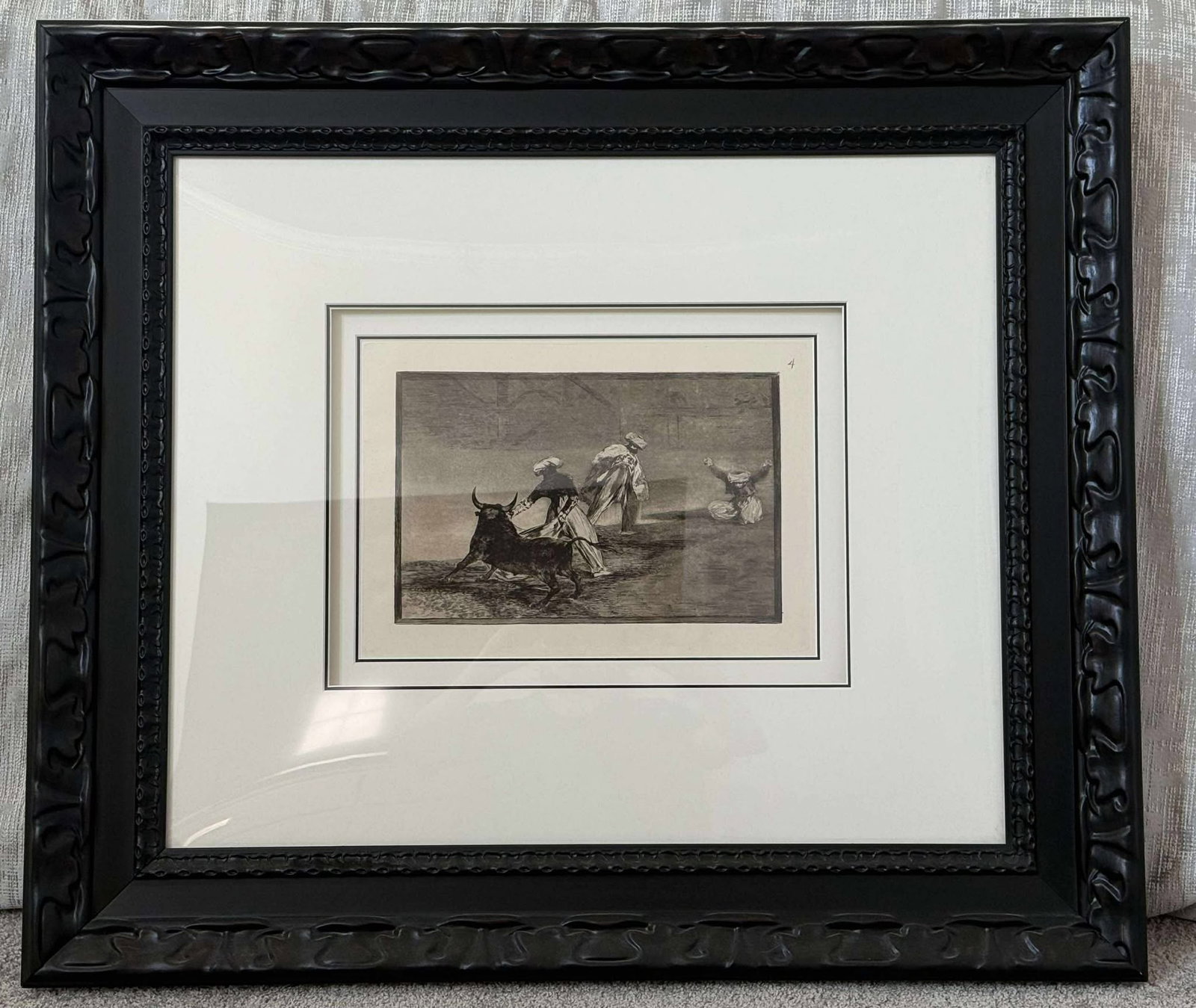 Francis Goya Capean Otro Encarrado (they play anohter with the cape in an enclosure): Francisco Goya "Capean Otro Encerrado (They Play Another with the Cape in an Enclosure)" La Tauromaquia Plate 4 1816 9 7/8" x 14 1/16" image size Etching burnished aquaint and burin on Van Gelder