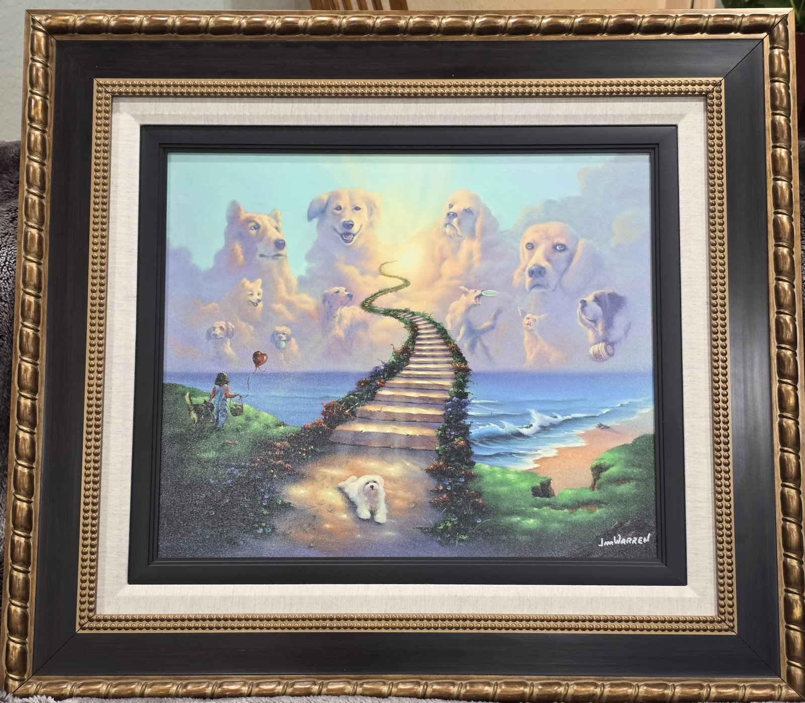 Jim Warren All Dpgs Go to Heaven IV: Jim Warren "All Dogs Go to Heaven IV" 2016 18 5/8" x 22 3/4" image size Giclee in color on canvas. Hand-signed in ink lower right by the artist. Gallery framed, Appraisal. MS