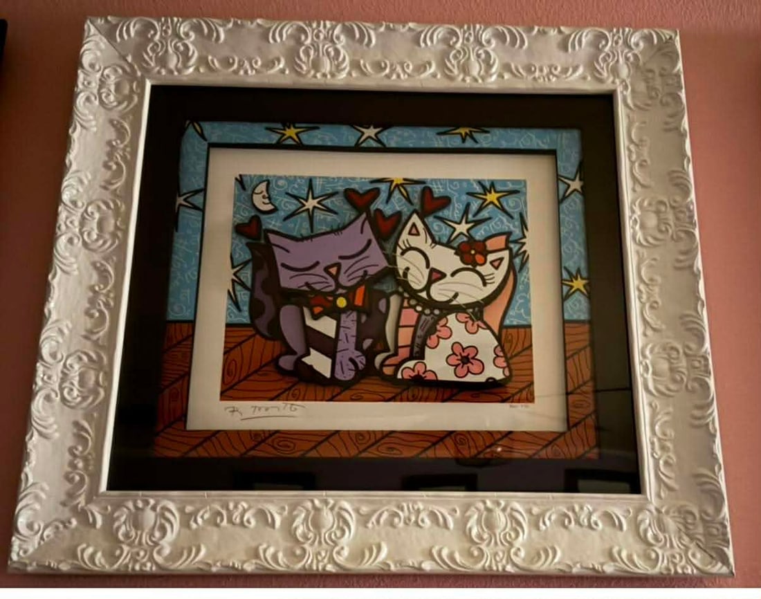 Romero Britto Purr-Fect Couple: Romero Britto "Purr-Fect Couple" 2017 18" x 21" image size Three-dimensional serigraphy construction in color with cut-outs in serigraphy. Signed in pencil lower left. Gallery framed, COA, CMK
