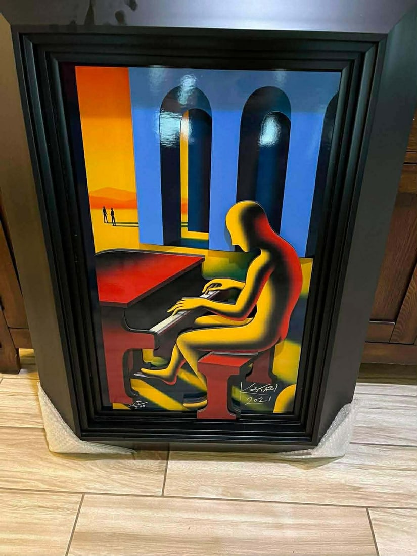 Mark Kostabi Twilight Harmony: Mark Kostabi "Twilight Harmony" 2021 26 5/8" x 16 3/8" image size Sculptograph with archival UV ink Hand-signed by the artist. Gallery framed, COA, Appraisal. KEC