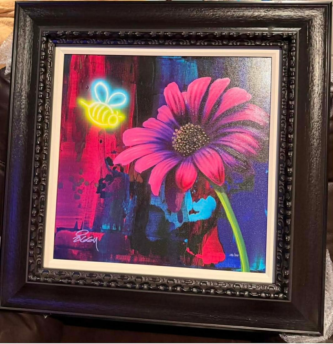 Ziggy Buzzin The Pink Flower: Ziggy "Buzzin The Pink Flower" 2022 20" x 20" image size Giclee in color with hand-embellishment on canvas. Hand-signed by the artist. Gallery framed, COA, CMk