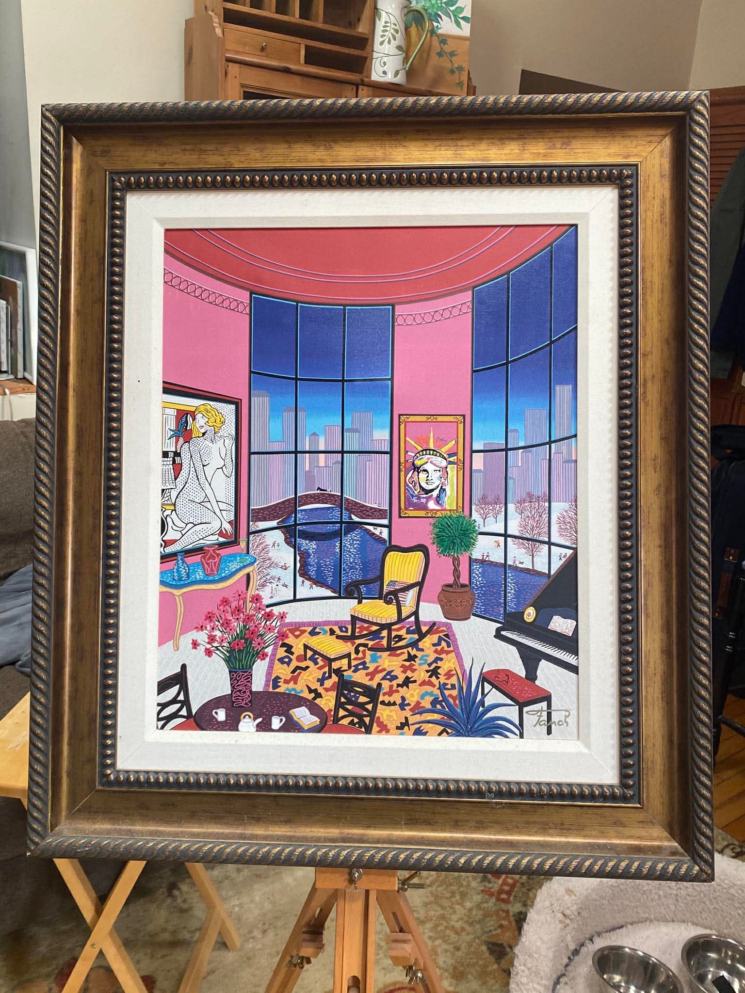 Fanch Interior with Lichtenstein: Fanch (Francois Ledan) "Interior with Lichtemsteir" 2006 23" x 19" image size Giclee in color on canvas with hand embellishment. Signed in ink lower right and numbered on the verso. Gallery framed,