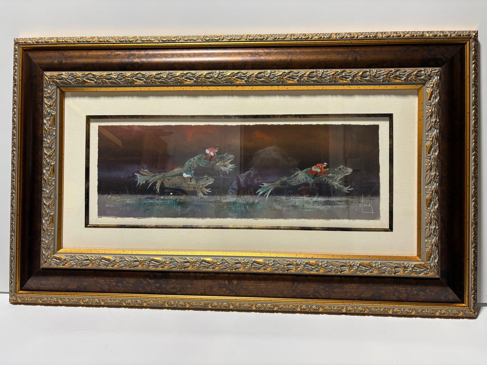Benard Louedin La Course Hippique: Benard Louedin "La Course Hippique" 2021 7" x 21 1/4" image size Giclee in color on paper. Hand-signed by the artist. Gallery framed, COA, Appraisal, SEK