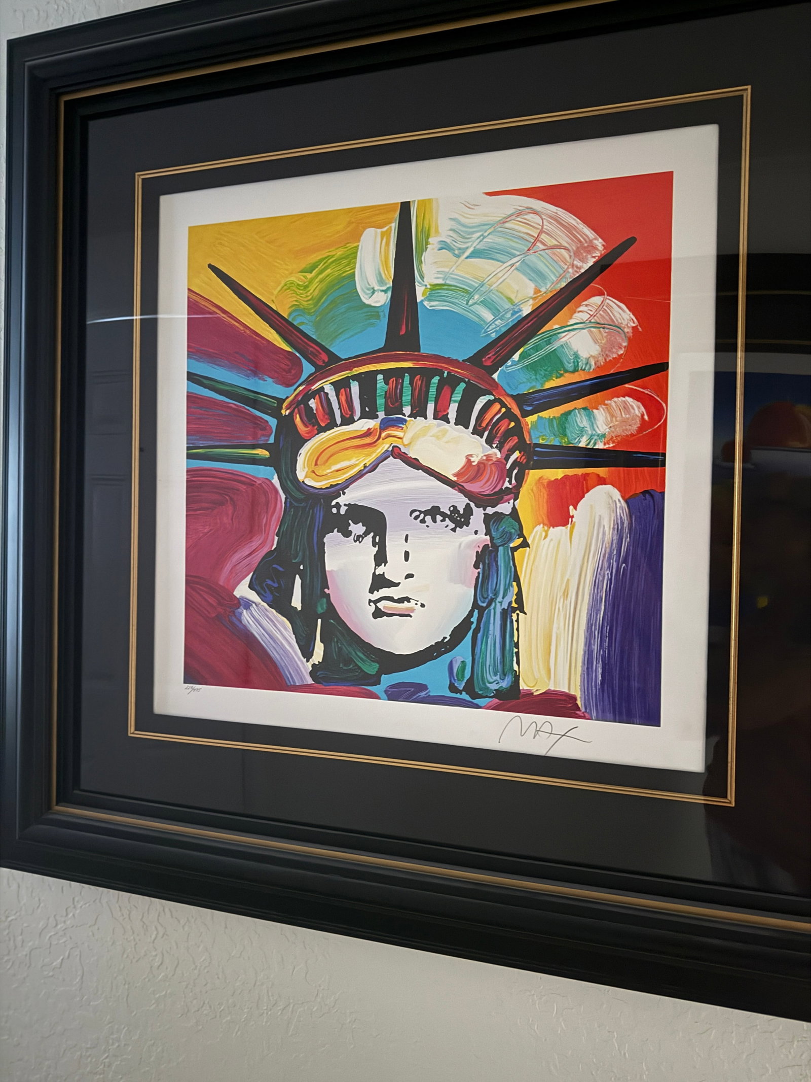 Peter Max Liberty Head: Peter Max "Liberty Head" 2016 21" x 21" image size Serigraph in color on wove paper. Hand-signed by the artist in pencil lower right margin and numbered in Arabic, lower left. Gallery framed, COA,