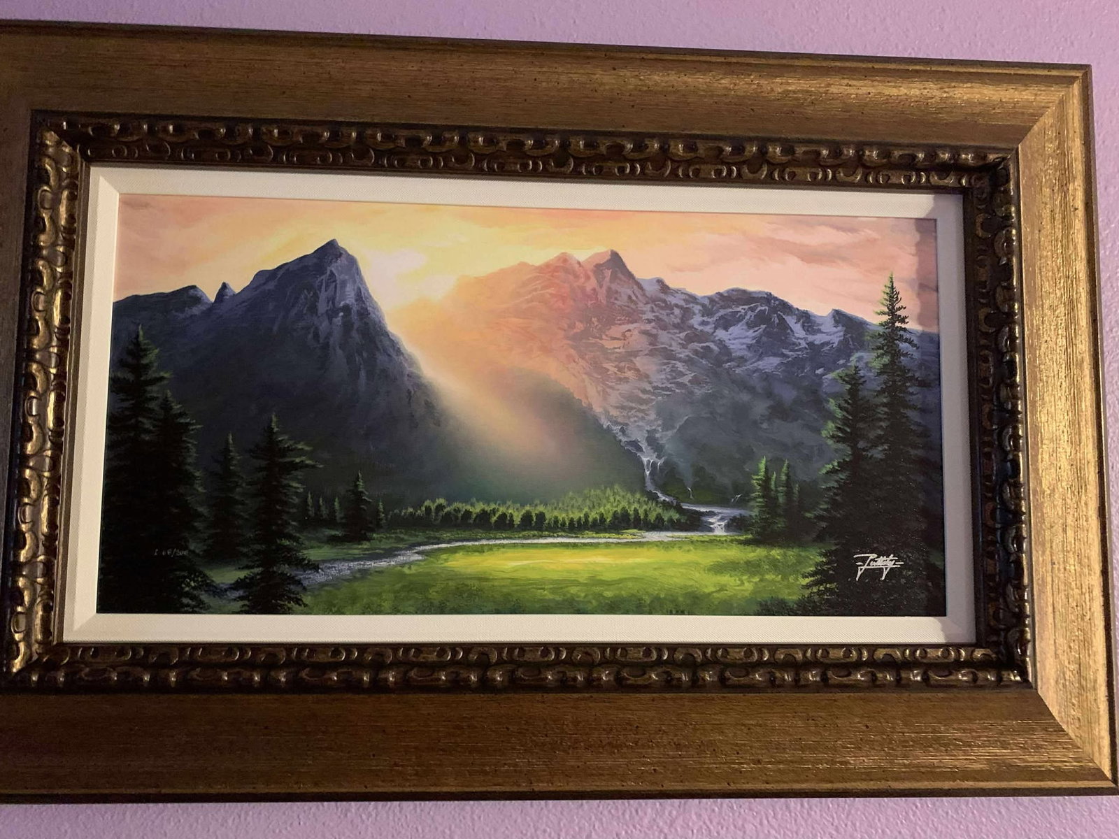 Jon Rattenbury Embrace of Dawn: Jon Rattenbury "Embrace of Dawn" 2021 12 1/2" x 25" image size Giclee in color on canvas. Hand-signed by the artist. Gallery framed, Appraisal. MK