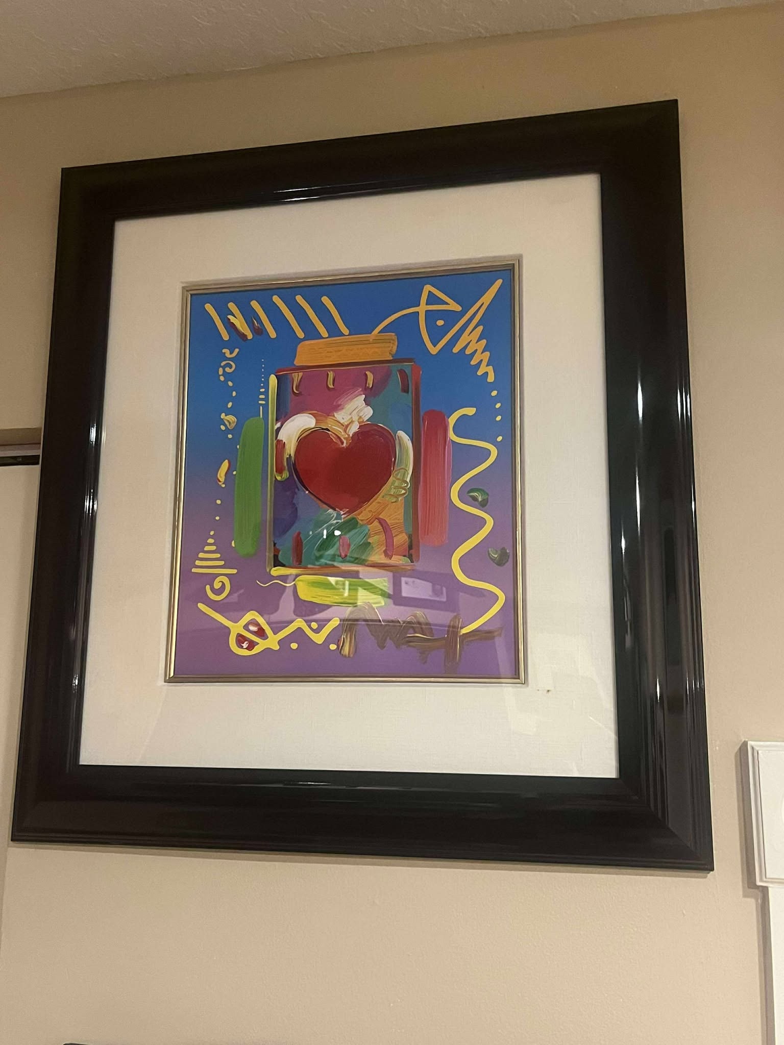 Peter Max Heart: Peter Max (Heart) 14" x 12" mixed media with acrylic painting and collage on paper. Signed in acrylic. A unique work, Gallery Framed. COA, Appraisal. RMS