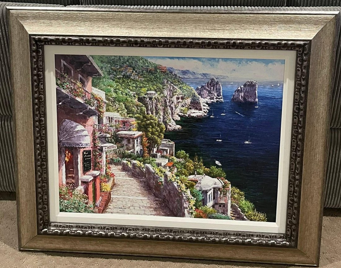 Sam Park Capri: Sam Park "Capri" 21" x 28" image size. Giclee in color with hand embellishment on canvas. Hand signed in pigment lower left by the artist. Gallery framed. CA. Apraisal. TM