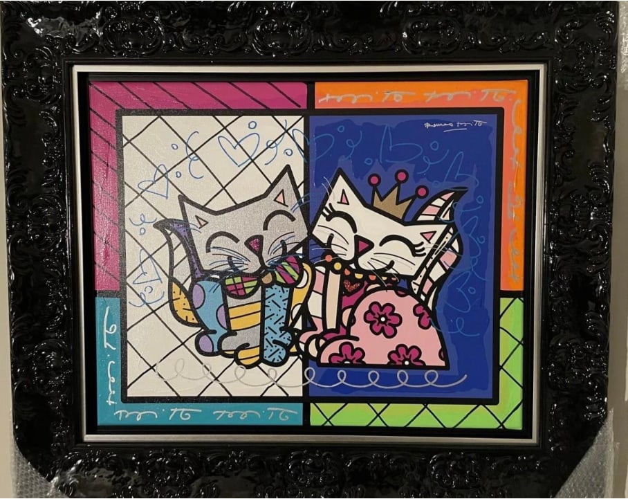 Romero Britto Cat Love For You: Romero Britto "CAT LOVE FOR YOU" UNIQUE 2017 24" x 30" image size 40" x 34" framed Mixed-media with acrylic painting, oil pen drawing, diamond dust and giclee on canvas. This has overpaint in acrylic 