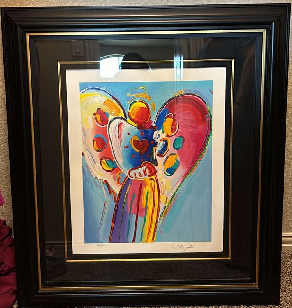 Angel with Heart: Peter Max "Angel with Heart" 2015 22 7/8x 18" (Image size) Serigraph in color on woven paper. Hand-signed by Peter Max in Pencil lower right margin and numbered. Gallery Framed, COA, Appraisal.