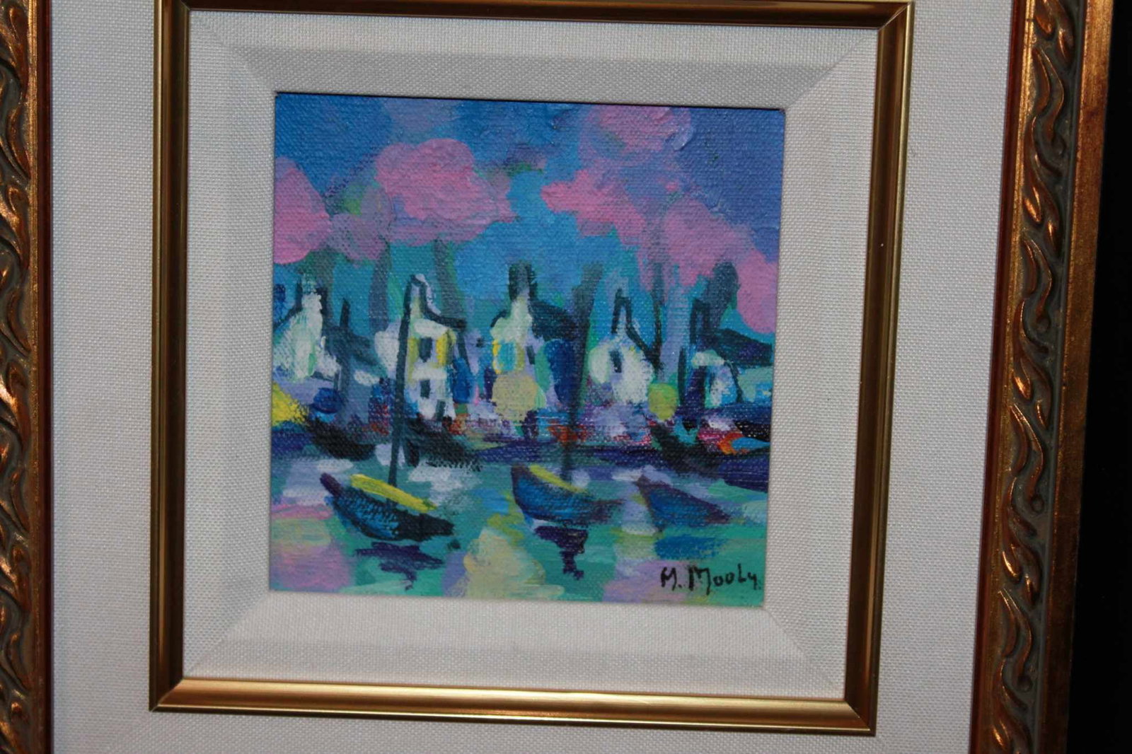 Le Port Breton: Marcel Mouly "Le Port Breton" 2003 5"x 5" Image size Oil painting on canvas. Hand-signed in pigment lower right by the artist. Signed, titled and datet "Gentilly 2003" on the verso with dedication