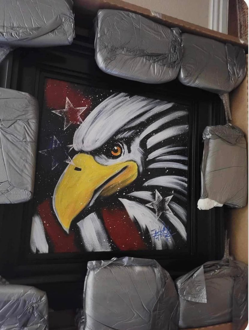 America Eagle Unique: Fishwick "American Eagle" UNIQUE 18" x 18" image size Acrylic painting on canvas. Hand-signed in pigment lower right by the artist. Gallery framed COA