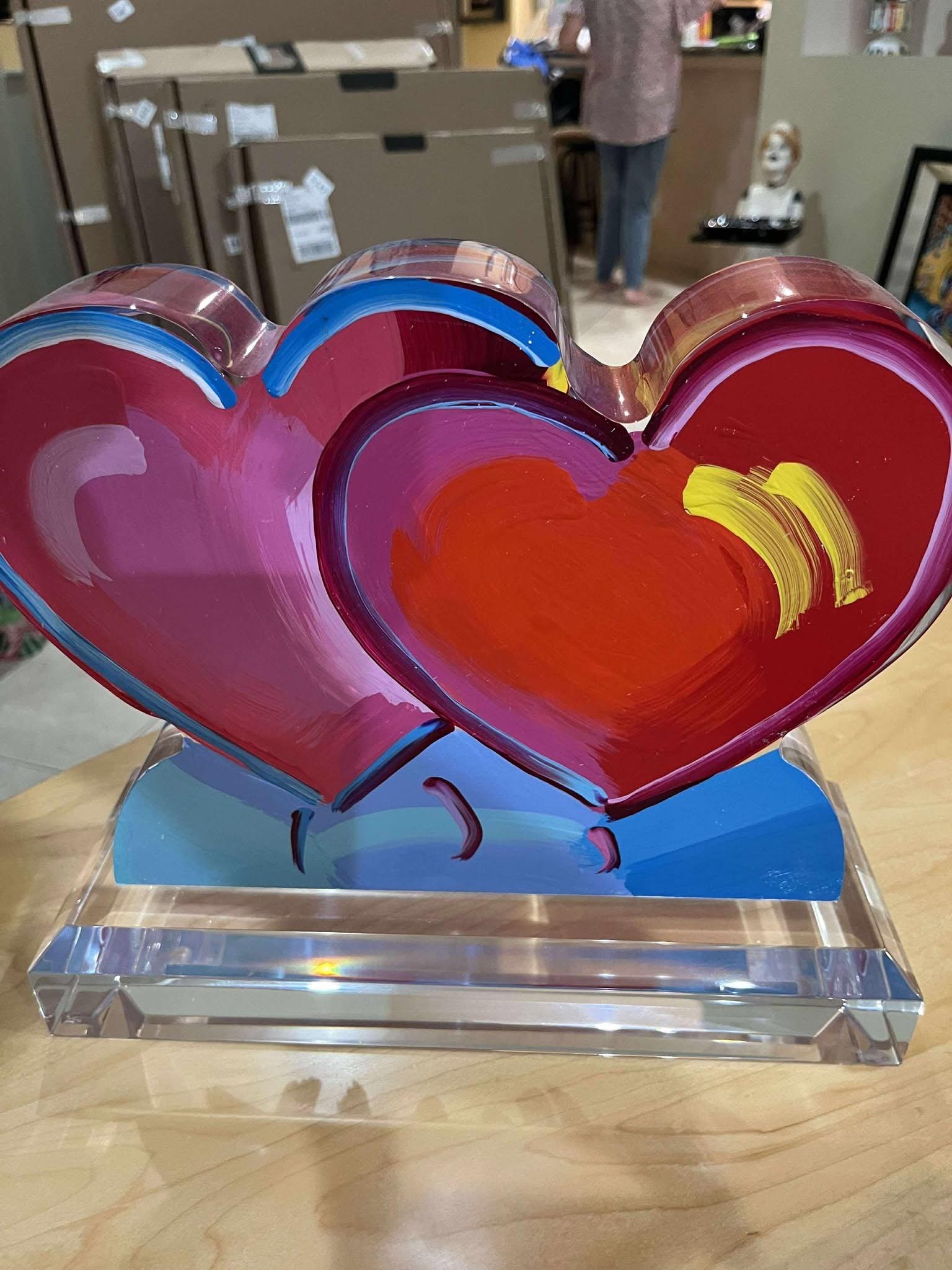 Peter Max Two Hearts Ver. III num 415 unique: Peter Max "Two Hearts Ver. III #415" 2018 8 3/4" x 12" Acrylic Sculpture hand painted in the Peter Max Studio. Hand-signed in pigment lower right by the artist. A unique work, COA, Appraisal