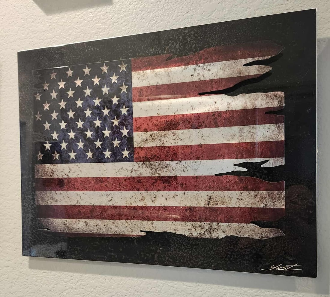Nicholas Yust Flag Unique: Nicholas Yust "Flag" Unique 2023 18" x 24" image size Dimensional mixed-media painting on aluminum. Hand-signed in pigment lower right by the artist. Signed and dated on the verso. A unique work. COA,