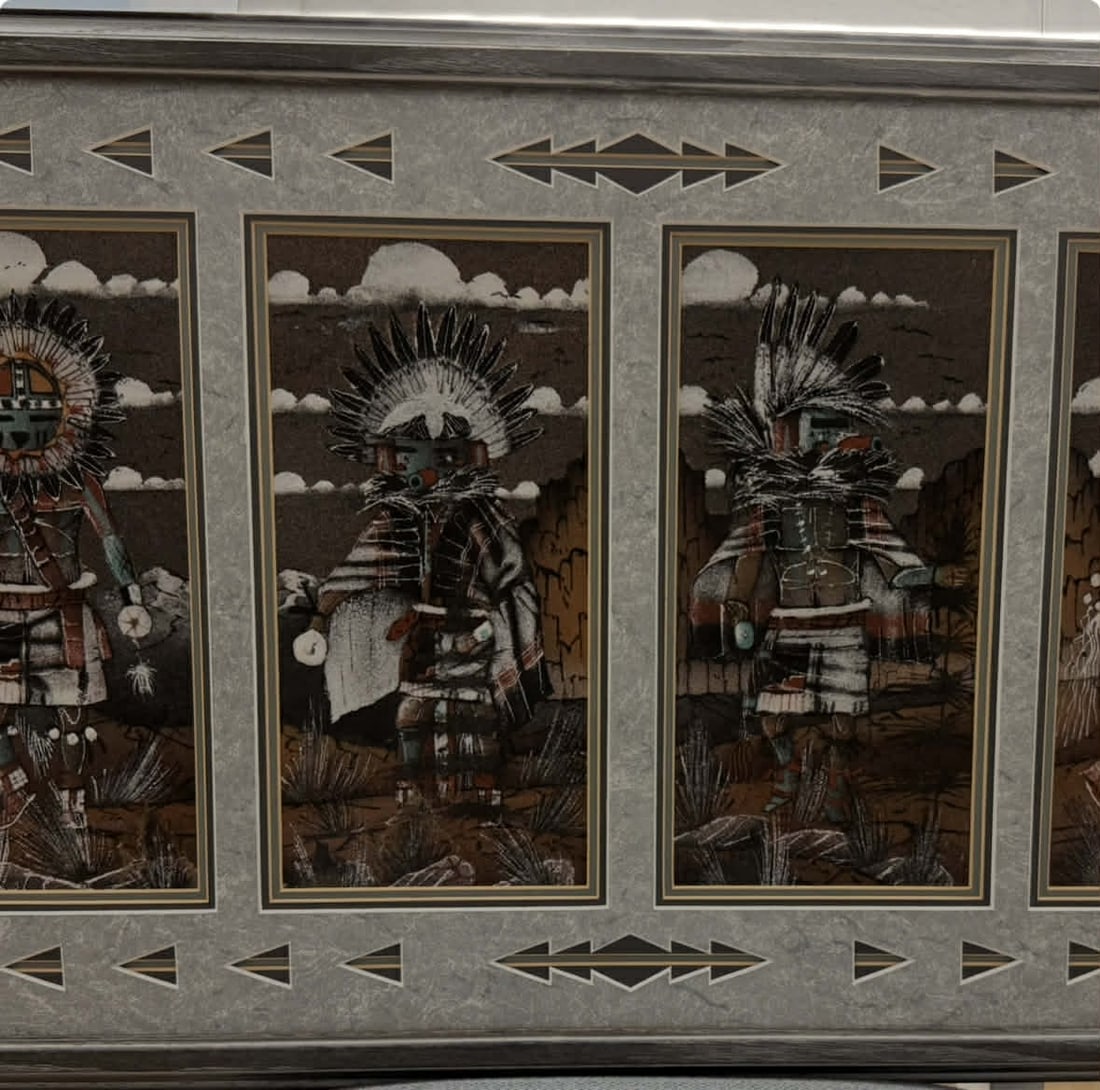 Navajo sandpainting 4 panels: Navajo 4 panel sand painting 32" x 19" framed