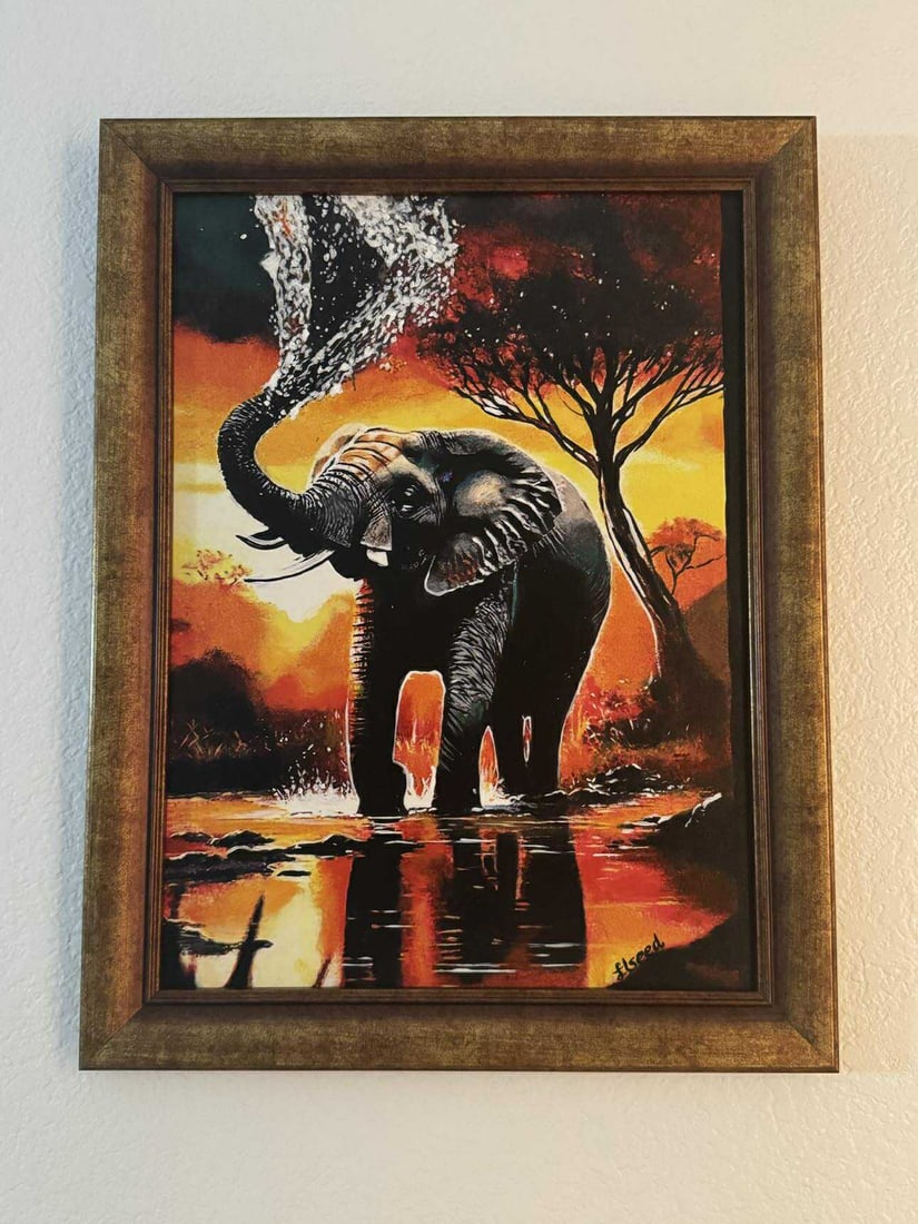 Elseed Elephant Bath Original: Elseed Elephant Bath acrylic and oil on canvas. Framed, 16" x 22". Framed.