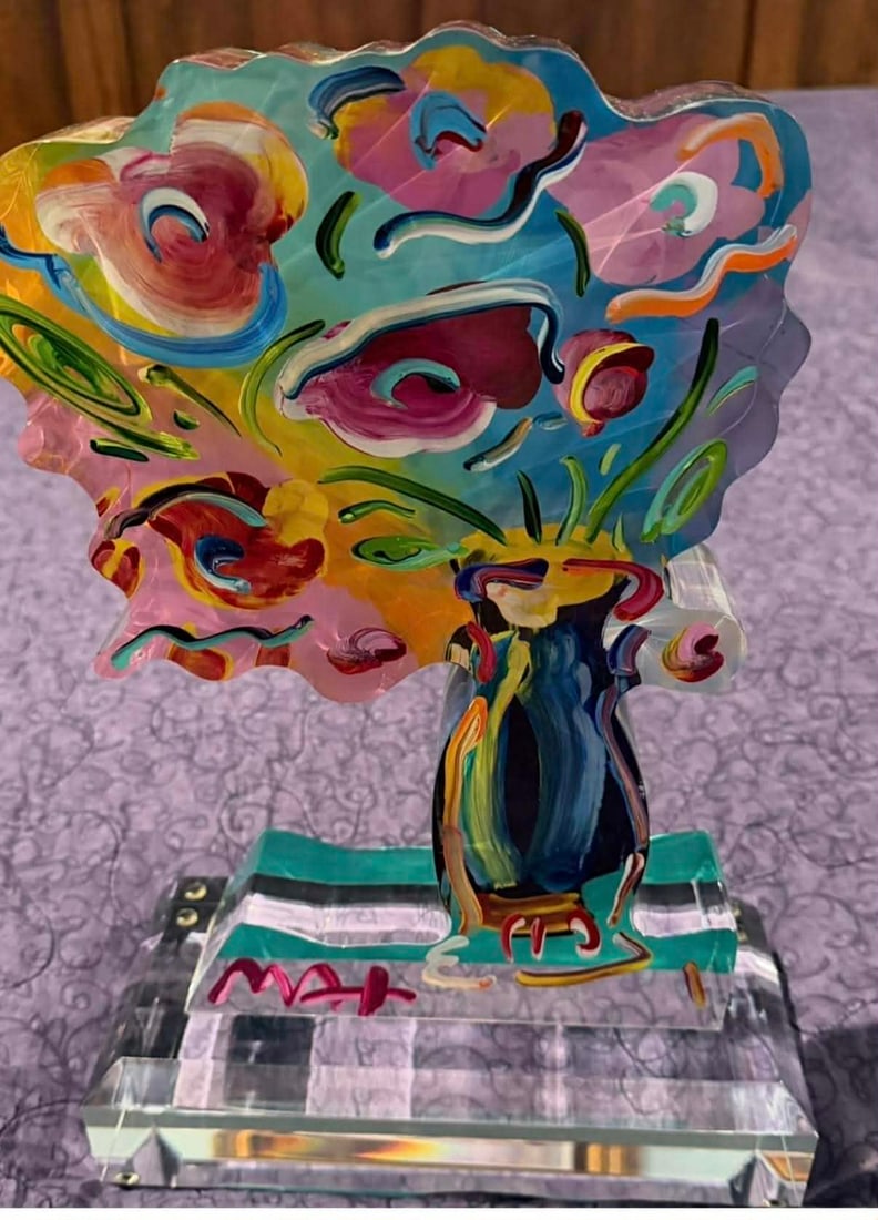 Peter Max Vase of Flowers Ver III num 363: Petet Max "Vase Of Flowers Ver III #636" 2017 11 7/8" c 9 7/8" Hand painted acrylic sculpture. Hand-signed in pigment lower left by the artist. Appraisal. CMK