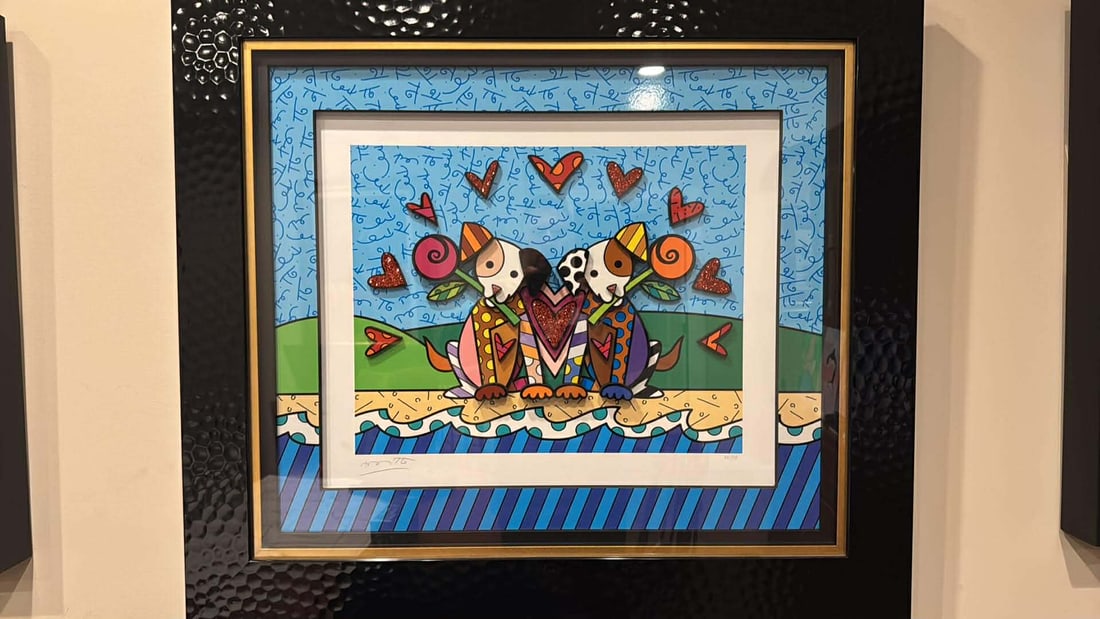 Romero Britto Pet Love: Romero Britto "Pet Love" 2019 22 1/2" x 26 1/2" image size Sculptograph (three dimensional multimedia construction) with archival US ink and hand-applied diamond dust. Hand-signed in pencil lower left