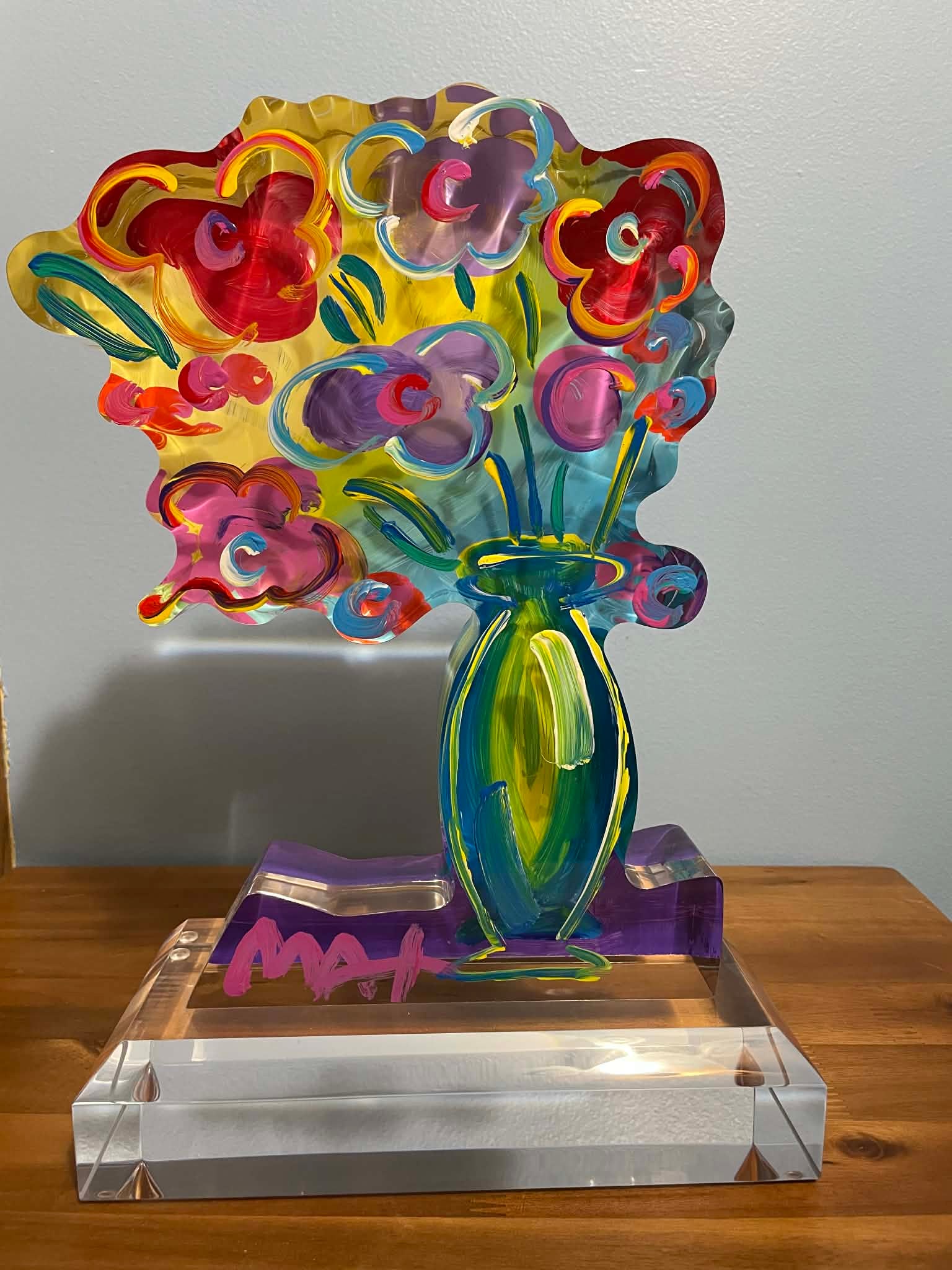 Peter Max Vase of Flowers Ver III num 428: Peter Max "Vase of Flowers Ver III #428" 2017 11 3/4" x 9 1/8" Hand painted acrylic sculpture. Hand-signed in pigment lower left by the artist. A Unique work. Appraisal, COA, KF