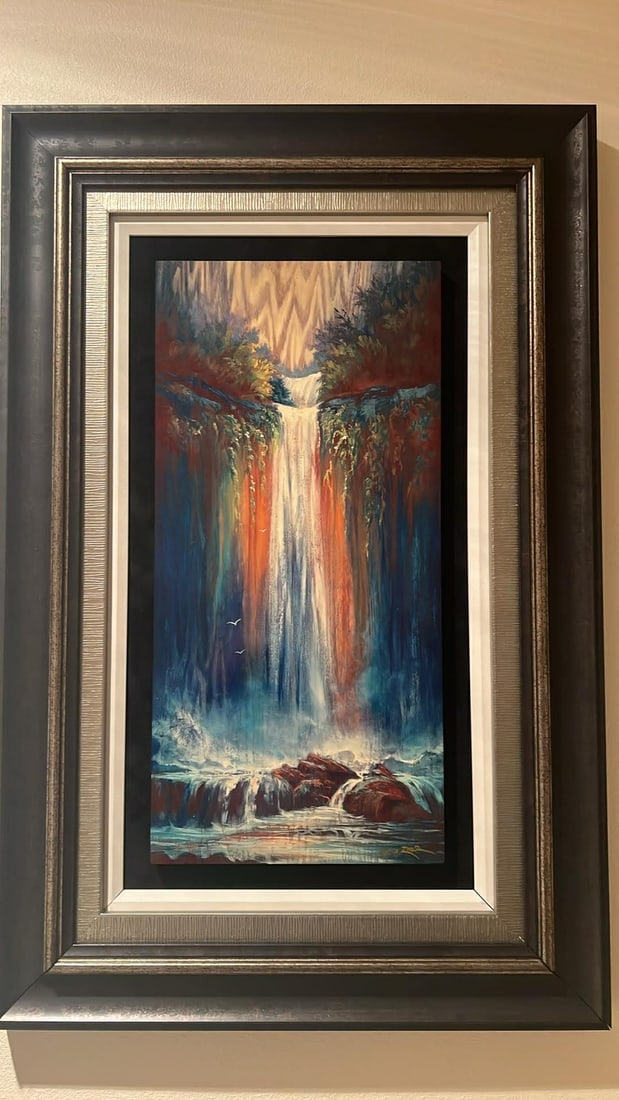 Ashton Howard Hidden Falls: Matt Beyrer "Hidden Falls" 2019 25" x 12" image size Caldograph (digital multiple through dye-sublimation on wood) hand signed in pigmert lower right by the artist. Gallery framed, Appraisal. CP