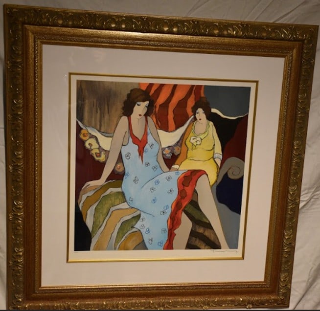 Itzchak Tarkay Mother Daughter: Itzchak Tarkay "Mother Daughter" 2008 18" x 18" image size serigraph in color on wove paper. Signed in pencil lower right. Galler framed, COA, appraisal. JS