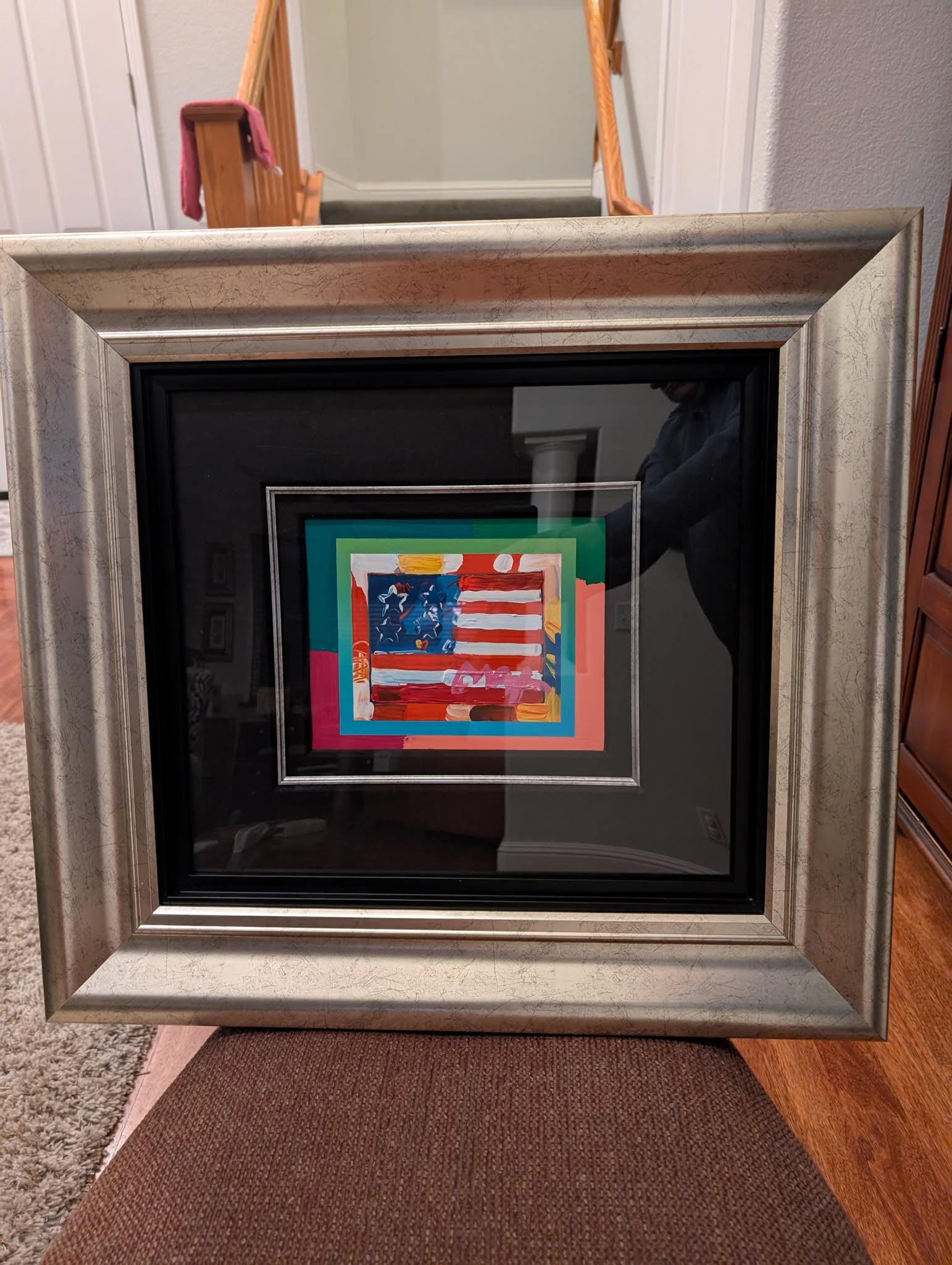 Peter Max Flag with Heart on Blends - Horizontal Americana Suite Unique variation: Peter Max "Flag with Heart on Blends - Horizontal" Americana Suite 2005 8" x 10" Image size Mixed media with acrylic painting and color lithography on paper. Signed in acrylic. A unique variation. Gal