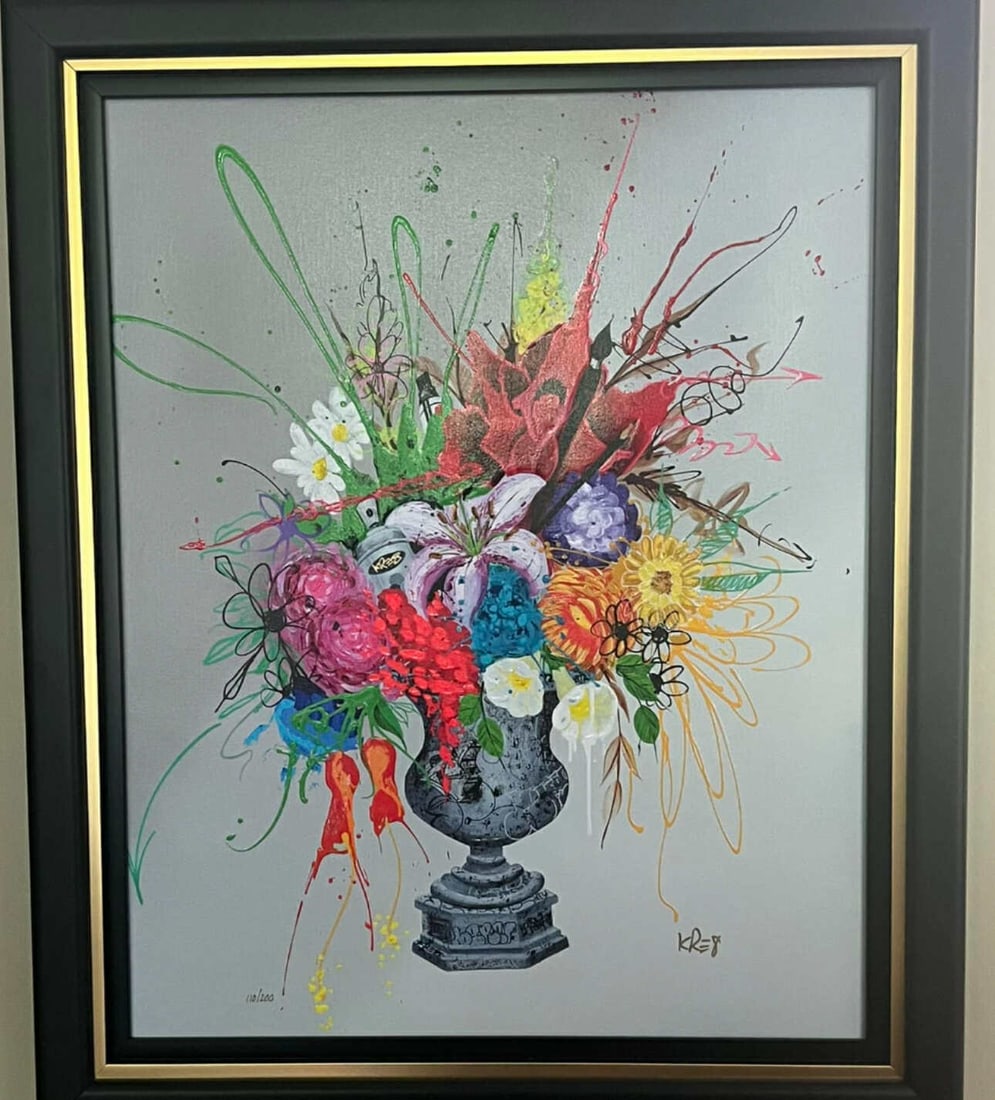 Kre8 Bouquet of Kre8tion: Kre8 "Bouquet of Kre8tion" 2022 25" x 20" image size giclee in color with hand-embellishment on canvas. Hand-signed by the artist. From the Arabic numbered edition of 200 examples. Gallery framed,