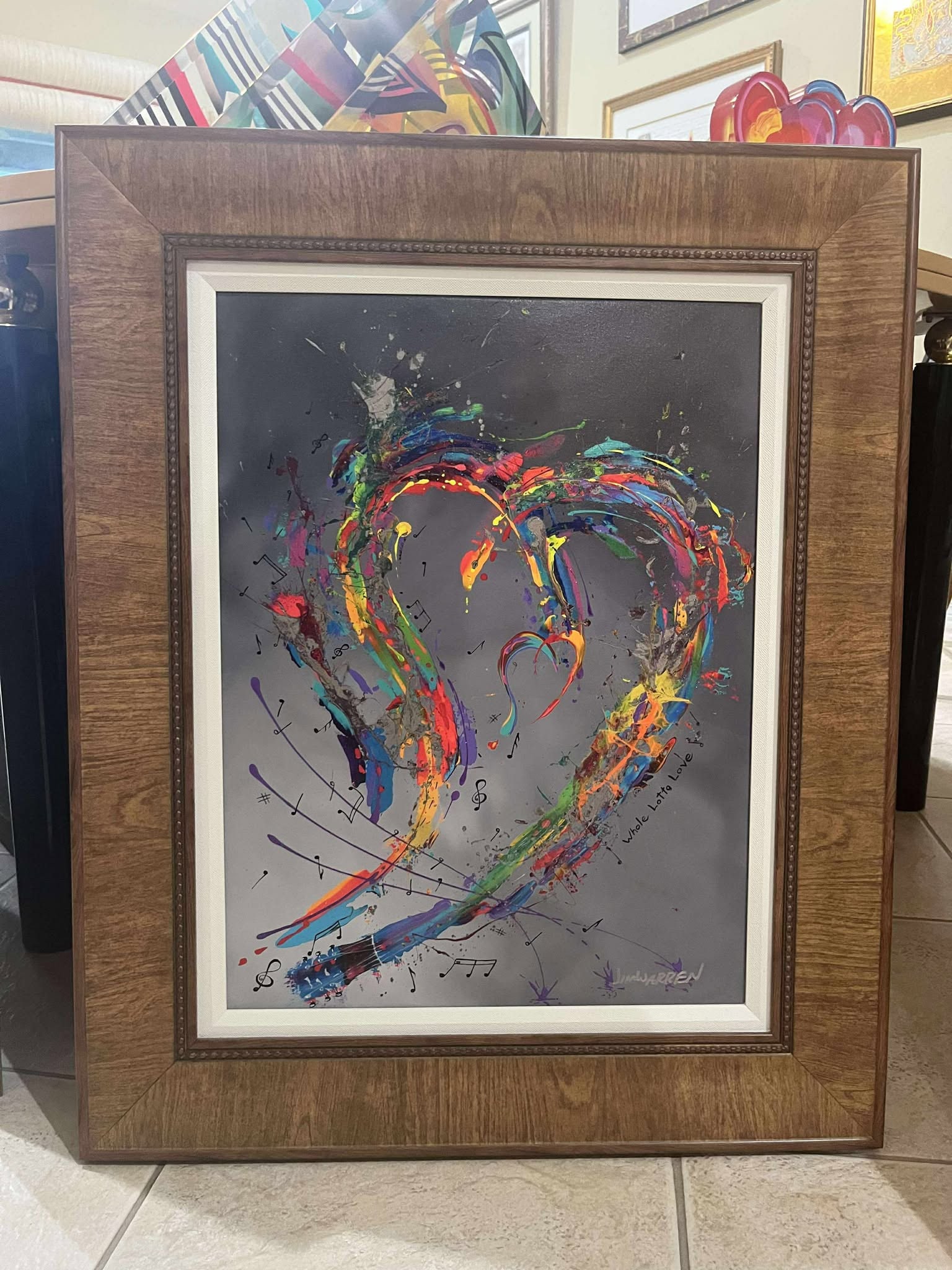 Jim Warren Whole Lotta Love: Jim Warren "Whole Lotta Love" 2022 22 5/8" x 17" image size Giclee in color with hand-embellishment on canvas. Hand-signed by the artist. Gallery framed, COA, Appraisal.