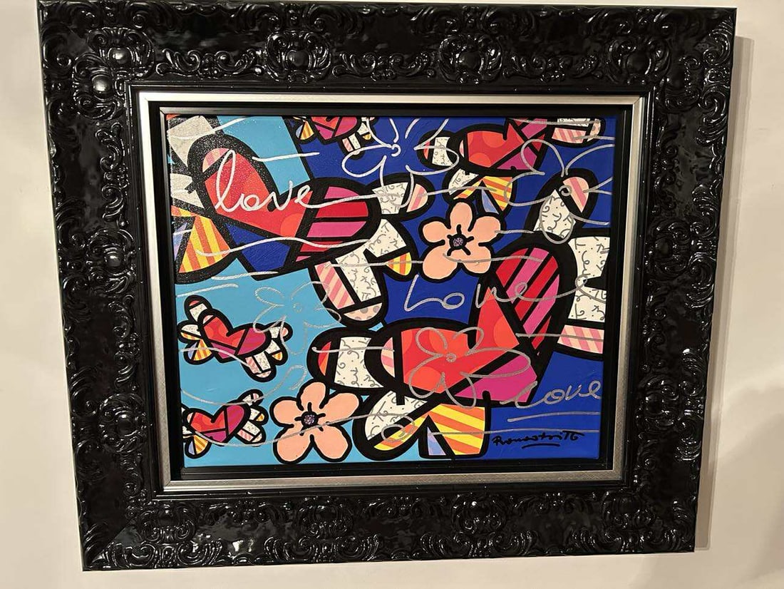 Romero Britto Love is in the Air Best Forever Unique: Romero Britto "Love is in the Air Best Forever" 2017 16" x 20" image size Mixed media with acrylic painting, oil pen drawing, diamond dust, and giclee on canvas. Hand-signed in pigment lower right by 