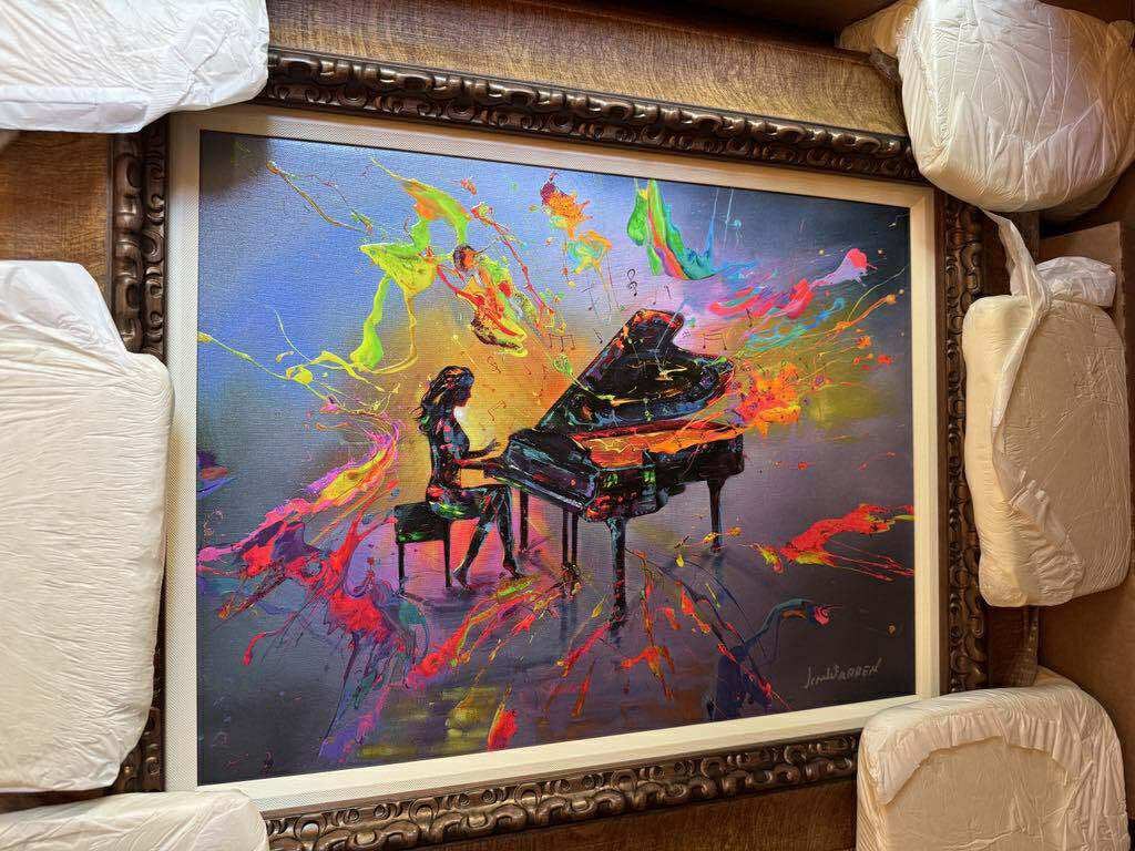 Jim Warren Piano Woman: Jim Warren "Piano Woman" 2023 17 1/4" X 23" image size Giclee in color with hand-embellishment on canvas. Hand-signed by the artist. Gallery framed, COA, Appraisal. BA