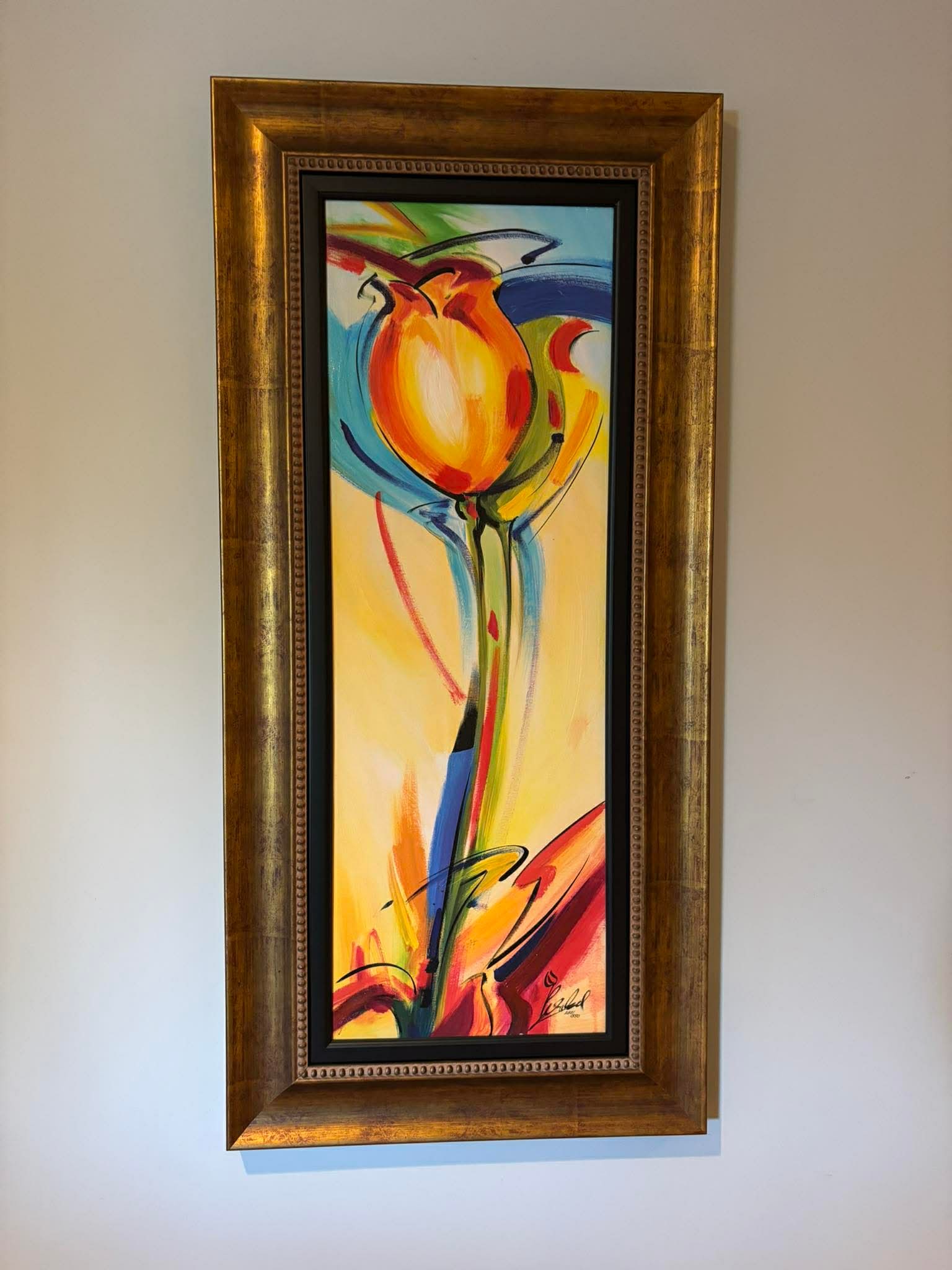 Alfred Gockel Tulip of Color: Alfred Gockel "Tulip of Color" 2006 32" x 11" image size. Giclee in color on canvas with hand embellishment. Signed in inklower right. Gallery Framed. Appraisal. GU