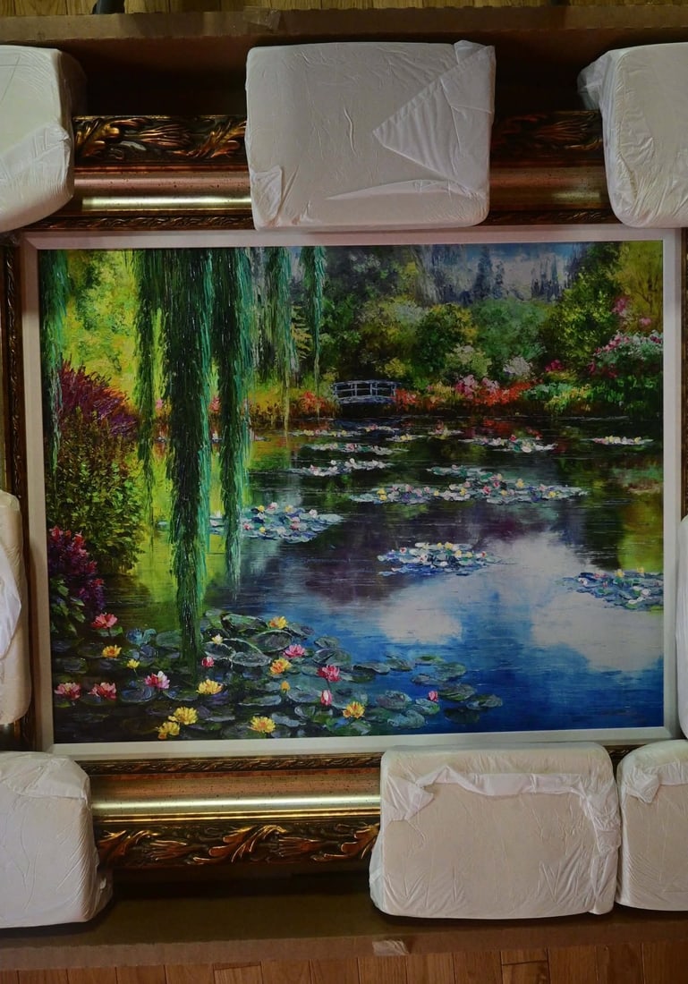 Sam Park Monet's Garden: Sam Park "Monet's Garden" 21 3/4 x 27 1/4" image size. Giclee in color with hand embellishments on canvas. Hand signed in pigment lower right by artist. Gallery Framed. Appraisal. BM