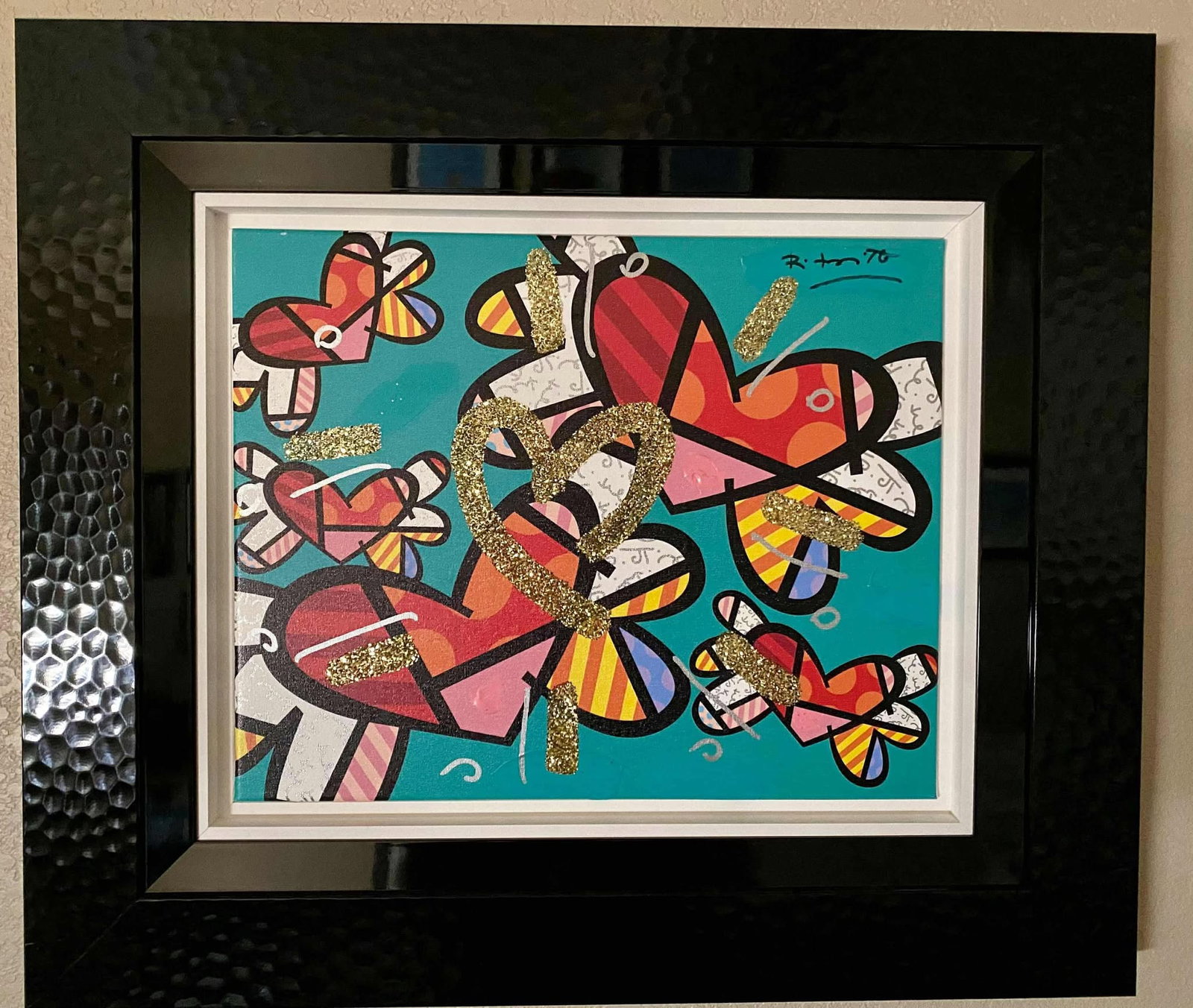 Romero Britto in the Air Teal & pink XV Unique: Romero Britto "In the Air Teal & Pink XV" 2018 16" x 20" image size mixed media with acrylic painting, oil pen drawing, and diamond dust on canvas. Hand-signed in pigment upper right by the artist. Si