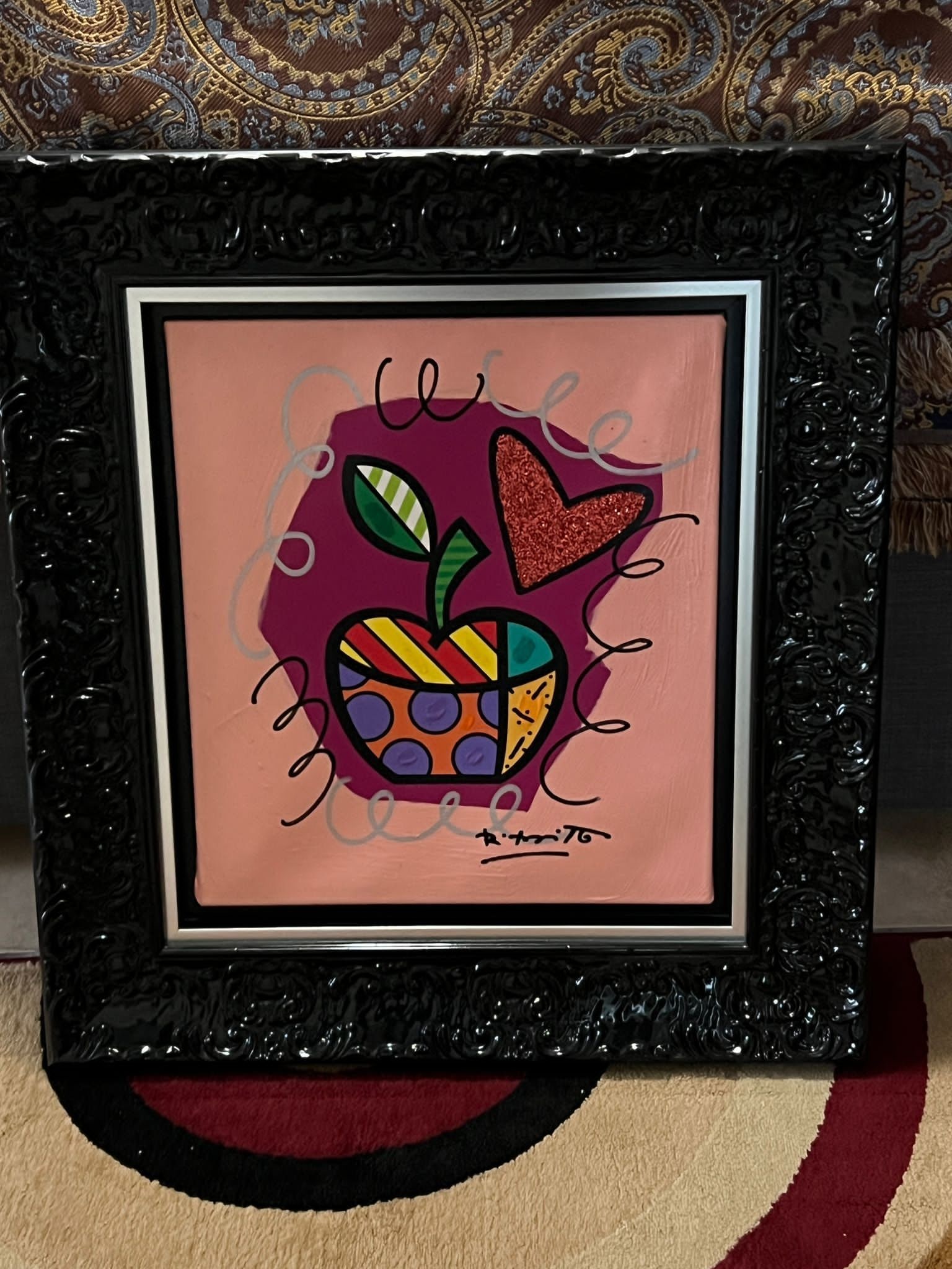 Romero Britto Big Apple Unique: Romero Britto "Big Apple" 2018 17" x 15" image size Mixed media with acrylic painting, diamond dust and oil pen drawing on canvas. Hand signed and dated on the verso. A unique work, gallery framed, CO