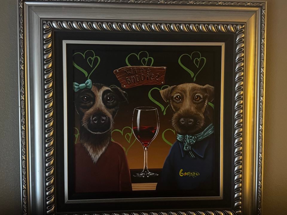 Michael Godard Wine Buddies original: Michael Godard "Wine Buddies" 2024 27" x 27" framed Original mixed media painting. A unique work, gallery framed, COA, Appraisal