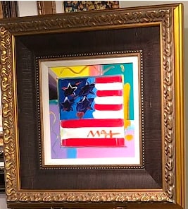 Peter Max Flag with Heart Ver XIV num 164 Unique: Peter Max "Flag With Heart Ver XIV # 164" Unique 2016 12" x 12" image size Acrylic painting on canvas. Hand-signed in pigment lower right by the artist. A Unique work. Gallery framed, COA, Appraisal. 