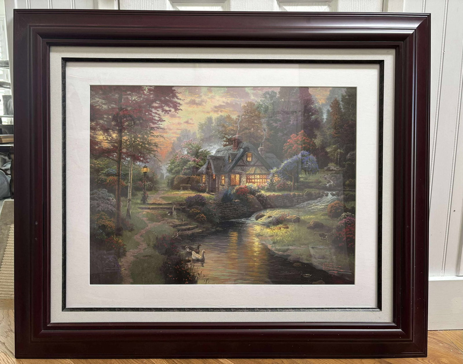 Thomas Kinkade Stillwater Cottage: Thomas Kinkade "Stillwater Cottage" 2005 18" x 24" image size Offset lithograph in color on premium paper. Signed with the artist's DNA matrix signature authentication system. Gallery framed, COA,
