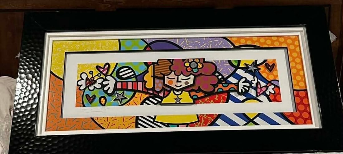 Romero Britto This Much: Romero Britto "This Much" 2019 14 1/4" x 36" image size Sculptograph (three dimensional multimedia construction) with archival UV ink and hand applied diamond dust. Hand-signed in pencil lower left