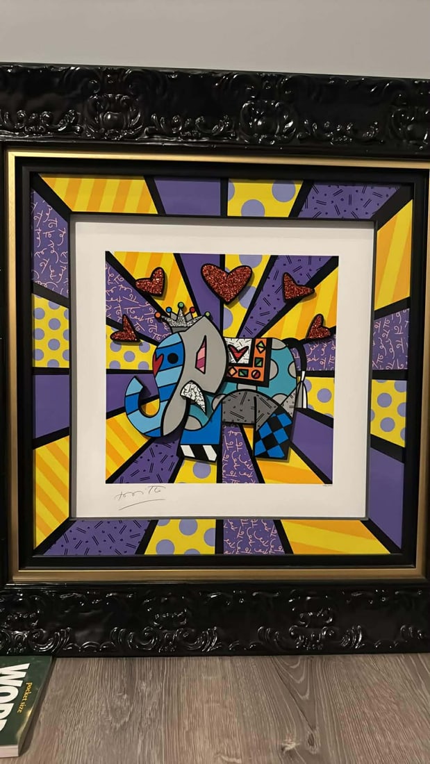 Romero Britto Blue Elephant: Romero Britto "Blue Elephant" 2020 19 1/2" x 19 1/2" image size Sculptograph (Three dimensional multimedia construction) with archival UV ink and hand-applied diamond dust. Hand-signed in pencil by