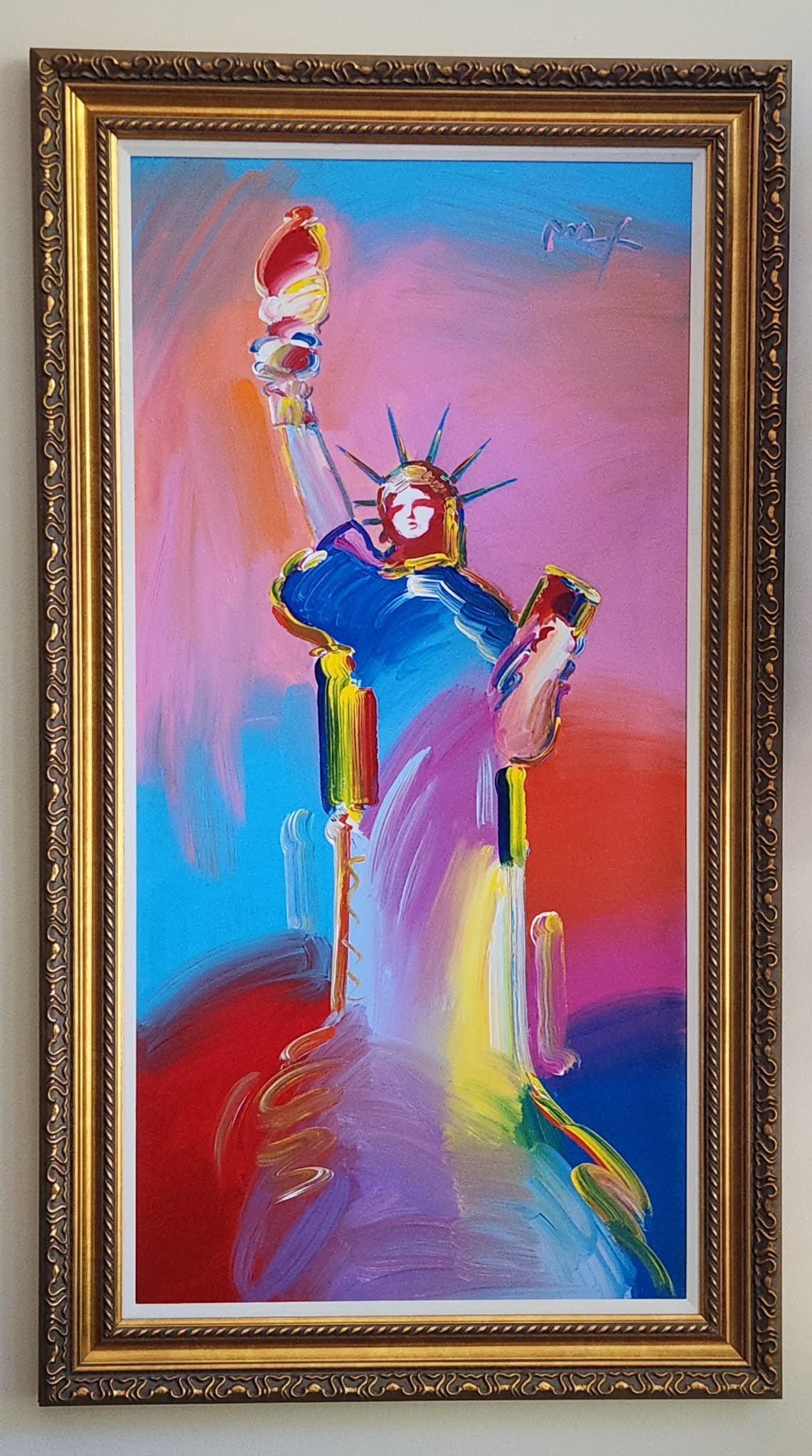 Peter Max Statue of Liberty Ver. II num 16: Peter Max "Statue of Liberty Veri. II # 16" 2007 60" x 30" image size Acrylic painting on canvas. Signed in pigment upper right. A Unique work. Gallery framed, COA, Appraisal SW