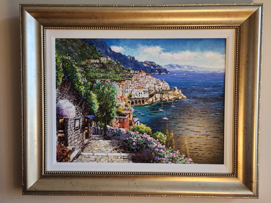 Sam Park Pathway Amalfi: Sam Park "Pathway Amalfi" 21" x 28" image size. Gicleee in color with hand embellishments on canvas. Hand signed in igment lower left by artist. Gallery framed. COA. Appraisal. HS