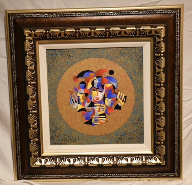 Anatole Krasnyansky Harlequin: Anatole Krasnyansky "Harlequin" 2007 13" x 13" image size Giclee on canvas with hand embellishment. Signed in ink and numbered on verso. Gallery framed, COA, Appraisal. JS